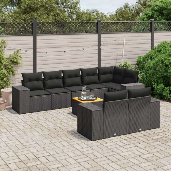 VidaXL 9 részes fekete polyrattan kerti ülőgarnitúra párnákkal