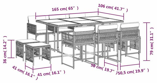 VidaXL 11 darabos kerti bútorgarnitúra párnákkal, szürke PE rattan