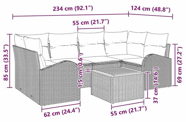 7 Darabos Kert Dívány Készlet Párnákkal Szürke Poli Rattan Akácia