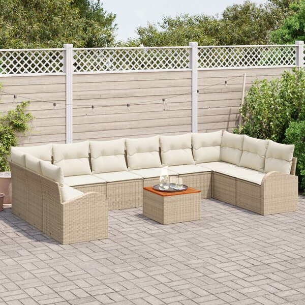 11 Darabos Kert Sofa Szett Párnákkal Bézs Poli Rattan Akácia, 2-Fős Kert Sofa Tárolóval és Párnákkal Bézs Poli Rattan