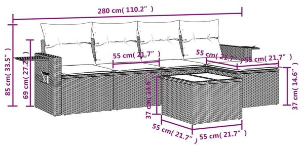 Polyrattan Kerti Ülőgarnitúra - 6 részes - Fekete