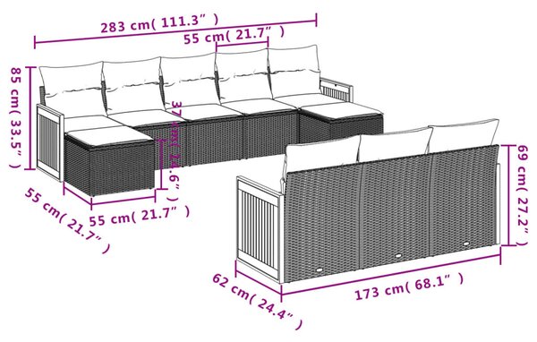 VidaXL 10 részes fekete polyrattan kerti ülőgarnitúra párnákkal