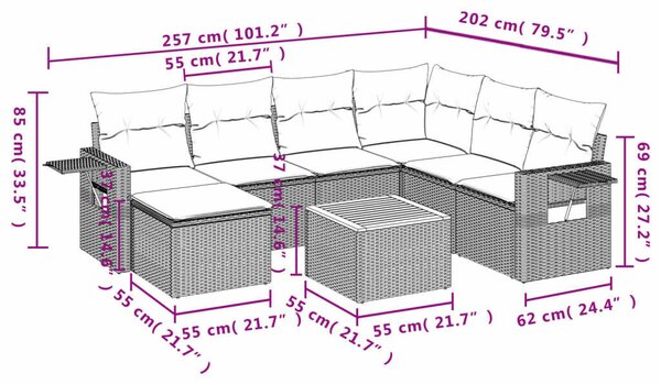 VidaXL 8 részes bézs polyrattan kerti ülőgarnitúra párnával