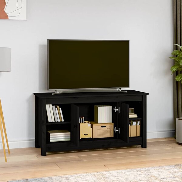 Fekete tömör fenyőfa TV-szekrény 103 x 36,5 x 52 cm