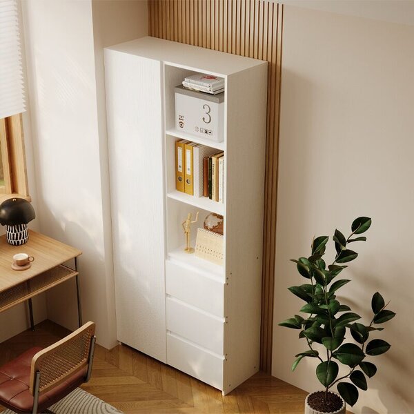 Irodai könyvespolc, 3 fiókos, modern loft , fehér, magas, polcokkal