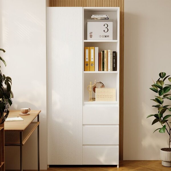 Irodai könyvespolc, 3 fiókos, modern loft , fehér, magas, polcokkal