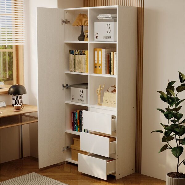 Irodai könyvespolc, 3 fiókos, modern loft , fehér, magas, polcokkal