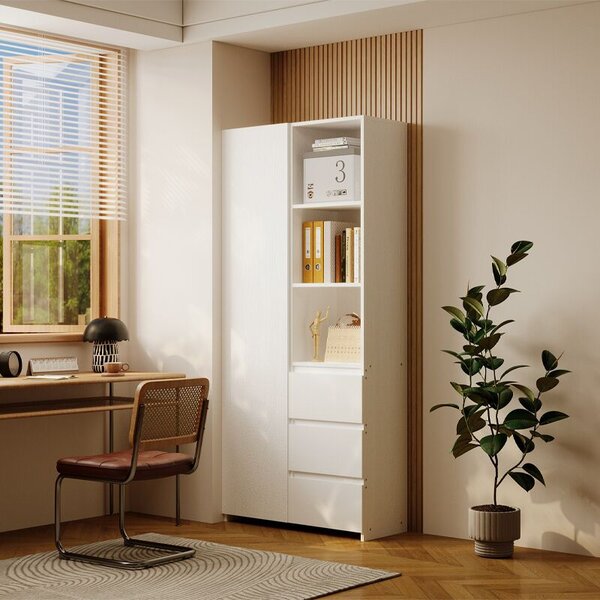 Irodai könyvespolc, 3 fiókos, modern loft , fehér, magas, polcokkal