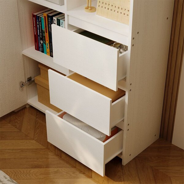 Irodai könyvespolc, 3 fiókos, modern loft , fehér, magas, polcokkal