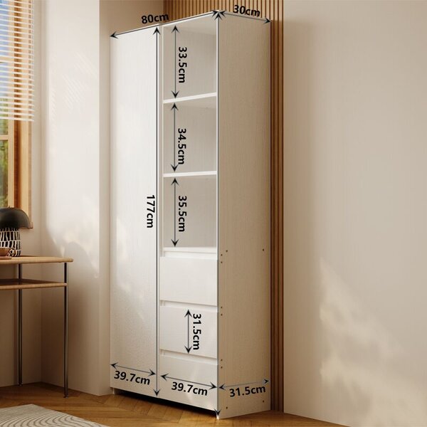 Irodai könyvespolc, 3 fiókos, modern loft , fehér, magas, polcokkal