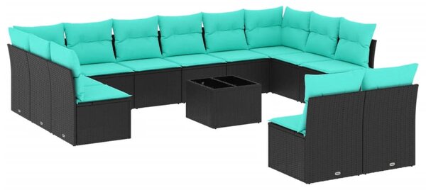 13 db fekete polyrattan kerti kanapégarnitúra párnákkal