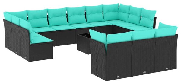 14 db fekete polyrattan kerti kanapégarnitúra párnákkal