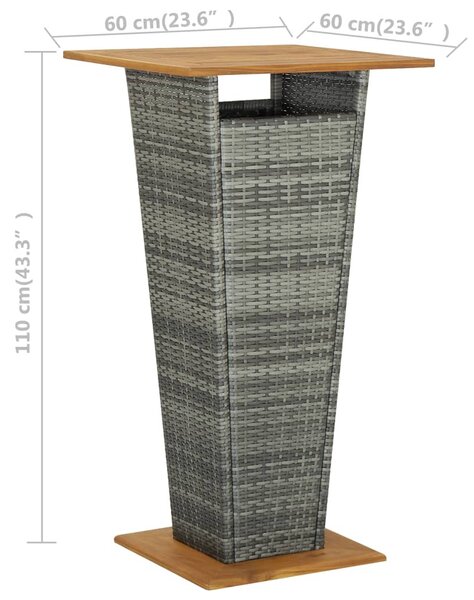 Szürke polyrattan és tömör akácfa bárasztal 60 x 60 x 110 cm