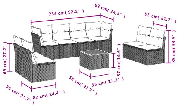 VidaXL Kerti Ülőgarnitúra - 9 részes - Fekete Polyrattan