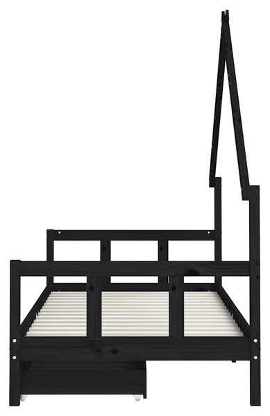 Fekete tömör fenyőfa gyerekágykeret fiókokkal 90 x 200 cm