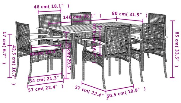 Polyrattan Kerti Étkezőgarnitúra - 7 részes - Fekete