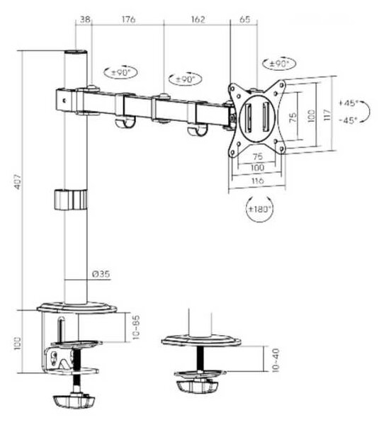 Brateck LDT66-C012 monitor tartó, 1 kar, fekete