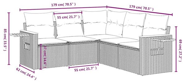 5 részes fekete polyrattan kerti kanapészett párnákkal