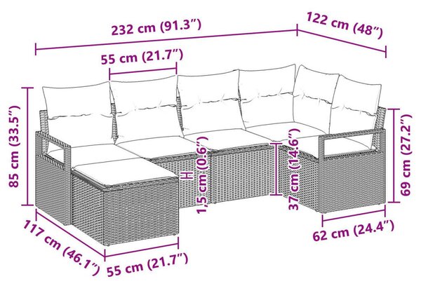 6 Részes Kerti Kanapé Szett Párnákkal Barna Poly Rattan, 2-Fős Kerti Kanapé Párnákkal Barna Poly Rattan