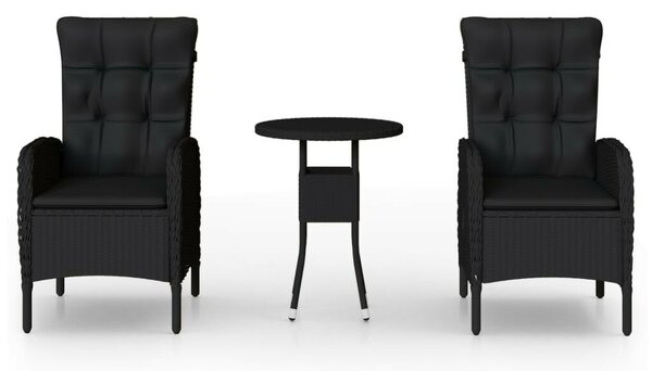 3 részes fekete polyrattan kerti étkezőgarnitúra párnákkal