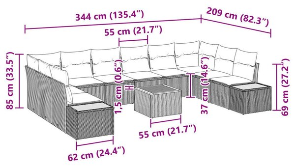 11 darabos kertiszófa szett párnákkal Bézs poli rattan akáccal
