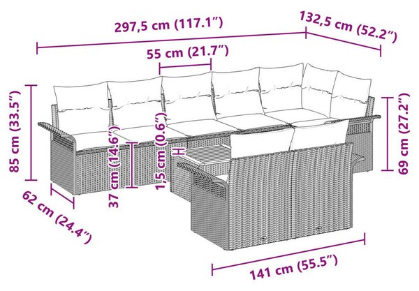 9 Darabos Kert Szófa Készlet Párnákkal Szürke Poli Rattan Akác