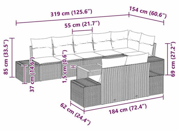 9 darabos Kerti Kanapé Szett Párnákkal Fekete Poli Rattan Akácia