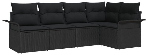 5 darabos kerti kanapészett párnákra fekete poli rattan, 2 személyes kerti kanapé tárolóval és párnákkal fekete poli rattan