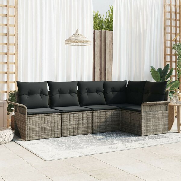 5 darabos kert kanapé szett párnákkal szürke poli rattan, 2 személyes kert kanapé tárolóval és párnákkal szürke poli rattan