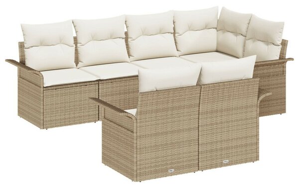 7 Részes Kert Sofa Szett Párnákkal Bézs Poli Rattan, 2-Személyes Kert Sofa Tárolóval és Párnákkal Bézs Poli Rattan