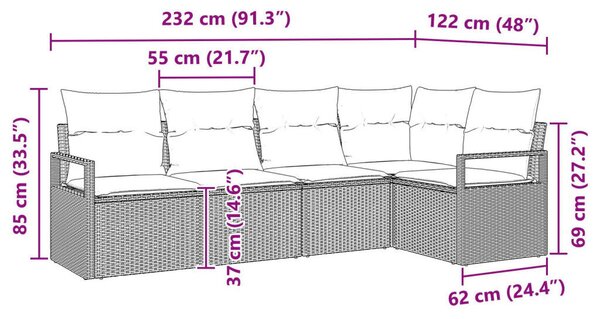 5 darabos kerti kanapé szett párnákkal, barna PE rattan, 2 személyes kerti kanapé párnákkal, barna PE rattan