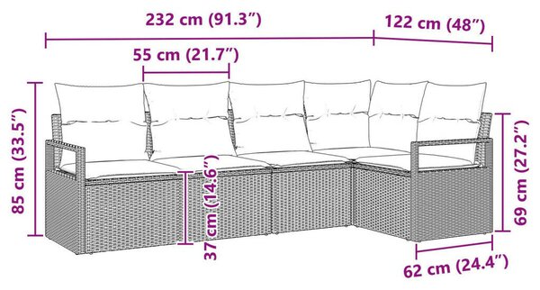 5 darabos Kertibútor szett párnákkal Világosszürke Poli rattan, 2 személyes Kertibútor párnákkal Szürke Poli rattan