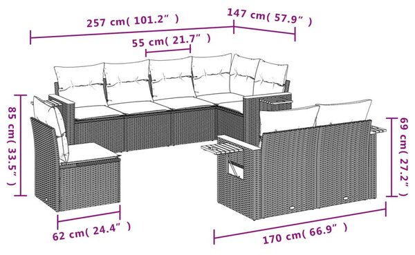 8 részes szürke polyrattan kerti ülőgarnitúra párnával
