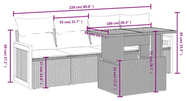 VidaXL 5 részes fekete polyrattan kerti kanapészett párnákkal
