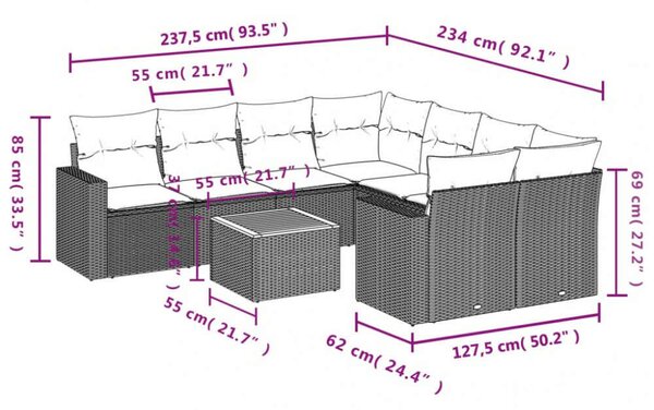 VidaXL Polyrattan Kerti Ülőgarnitúra - 9 részes - Bézs