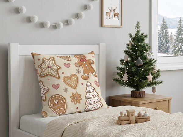 Pamut párnahuzat GINGERBREAD JOY 45x45 cm, bézs