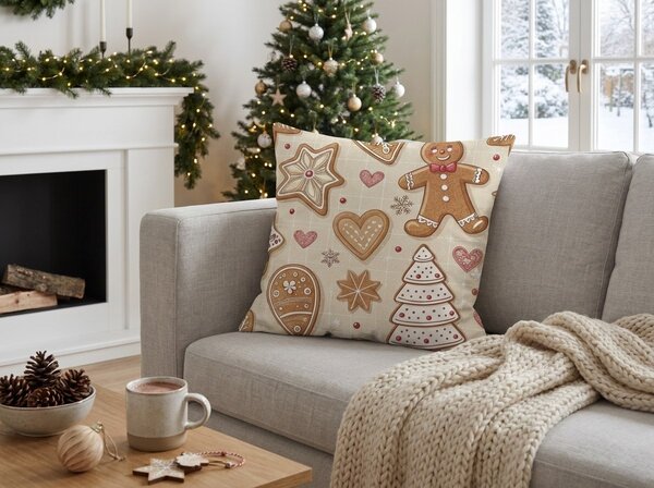 Pamut párnahuzat GINGERBREAD JOY 45x45 cm, bézs