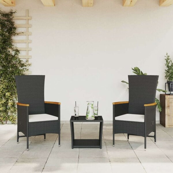 VidaXL 3 részes fekete polyrattan kerti étkezőgarnitúra párnákkal