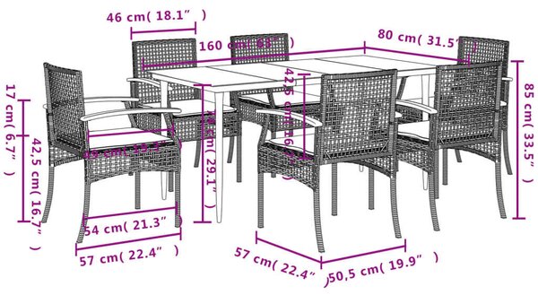 VidaXL 7 részes fekete polyrattan kerti étkezőgarnitúra párnával