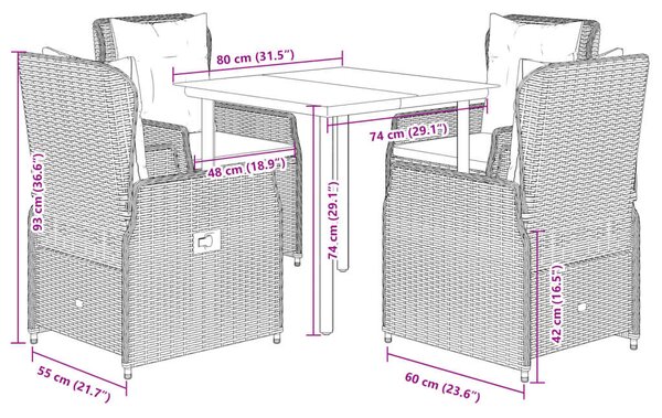 VidaXL 5 részes szürke polyrattan kerti étkezőgarnitúra párnával