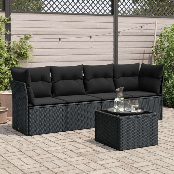 VidaXL 5 részes fekete polyrattan kerti kanapészett párnákkal