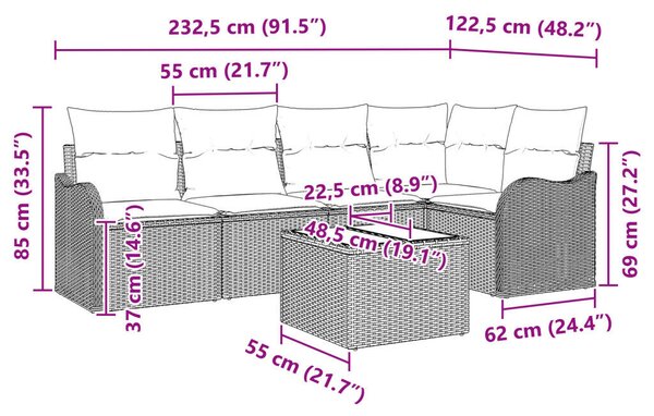 6 darabos kertibútor szett párnákkal szürke poly rattan, 2 személyes kertibútor párnákkal világosszürke poly rattan