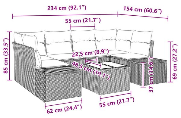 7 Részből álló Kerti Kanapé Szett Párnákkal Szürke Poli Rattan