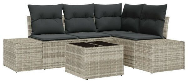 5 darabos kerti sofa szett párnákkal, szürke polirattan