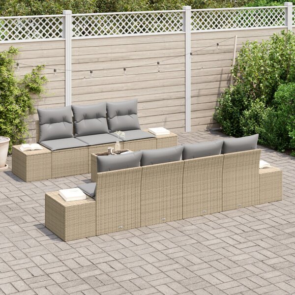 8 Darabos Kert Sofa Szett Párnákkal Bézs Poli Rattan