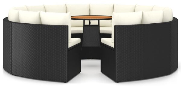 9 részes fekete polyrattan kerti kanapészett párnákkal