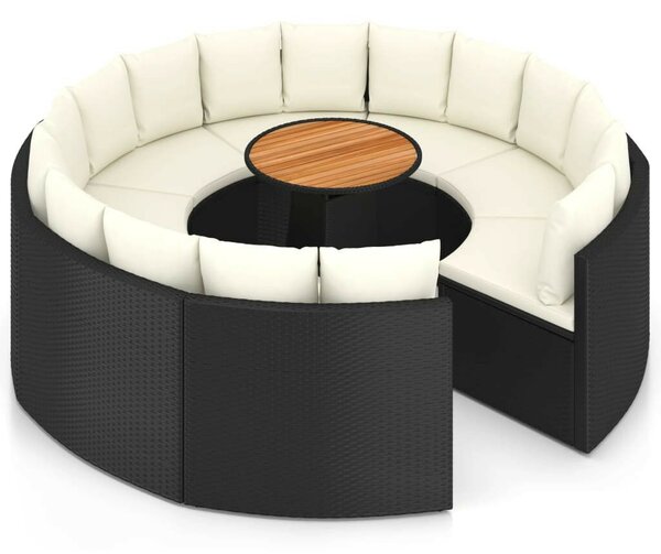 9 részes fekete polyrattan kerti kanapészett párnákkal