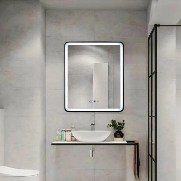 70x90 cm-es EDGE érintőképernyős LED-es téglalap alakú tükrö, páraeltávolító rendszerrel, fekete kerettel