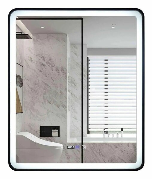 70x90 cm-es EDGE érintőképernyős LED-es téglalap alakú tükrö, páraeltávolító rendszerrel, fekete kerettel