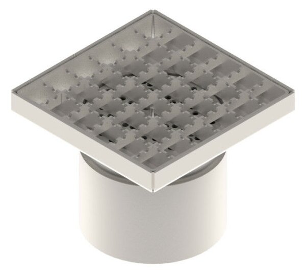 STAINLESS inox padlóösszefolyó – 150×150 mm, csúszásgátló rács, függőleges kimenet DN110
